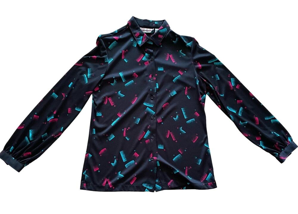 Vintage P.J.S. Button Blouse Abstract Black/Pink/Blue size L